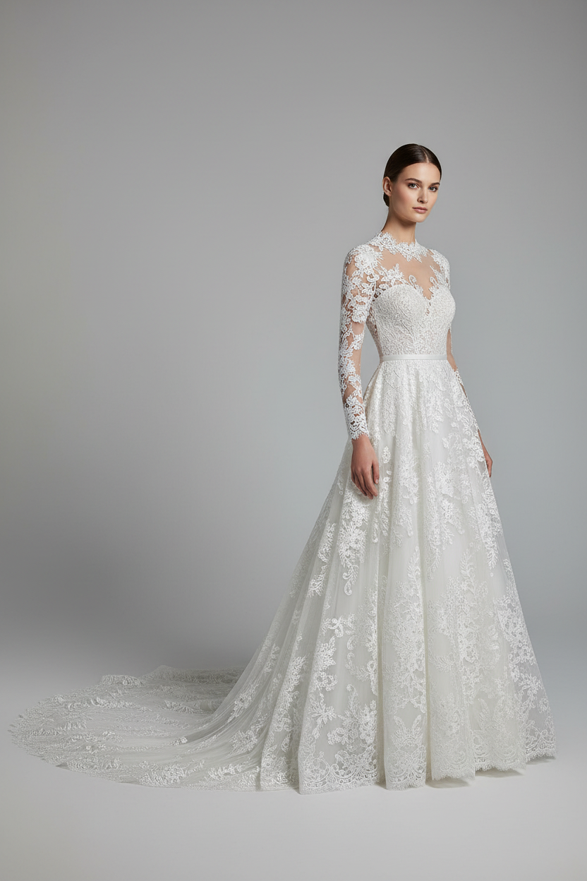 Robe de mariée en dentelle brodée blanche - haute couture élégante