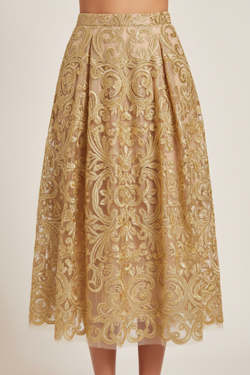 Jupe élégante en dentelle brodée dorée or - tissu fils dorés scintillants