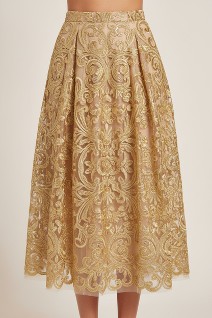 Jupe élégante en dentelle brodée dorée or - tissu fils dorés scintillants