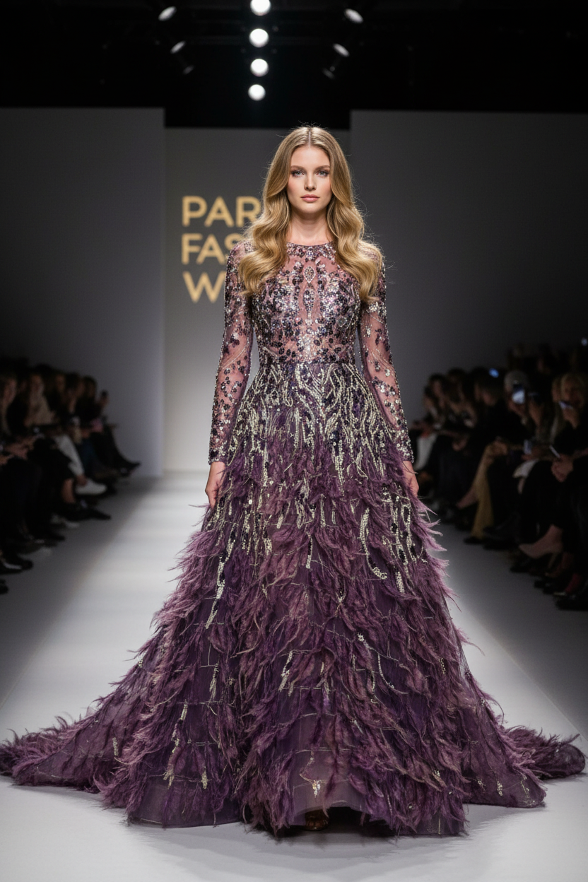 Jeune femme blonde en robe haute couture tulle violet plumes mauves – défilé / Young blonde woman in purple feathered tulle gown – runway
