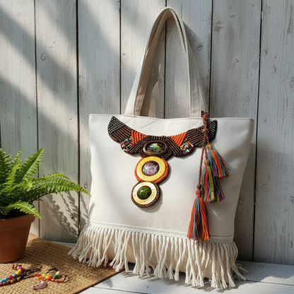 Patch ethnique sur tote bag bohème - décoration sac