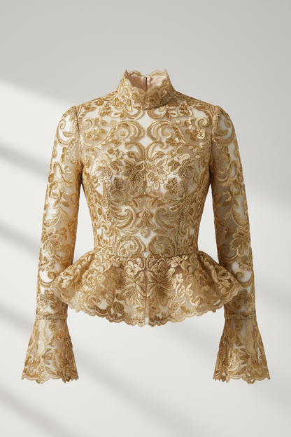 Top dentelle brodée dorée or sur tulle - tissu haute couture 150cm