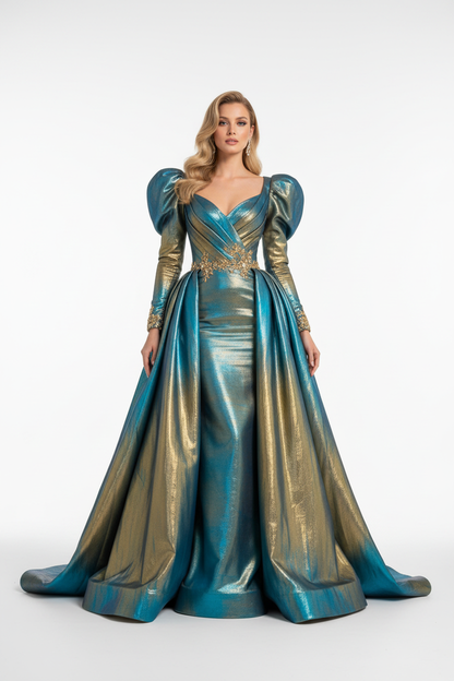 Robe de soirée en brocart interchangeant bleu turquoise doré