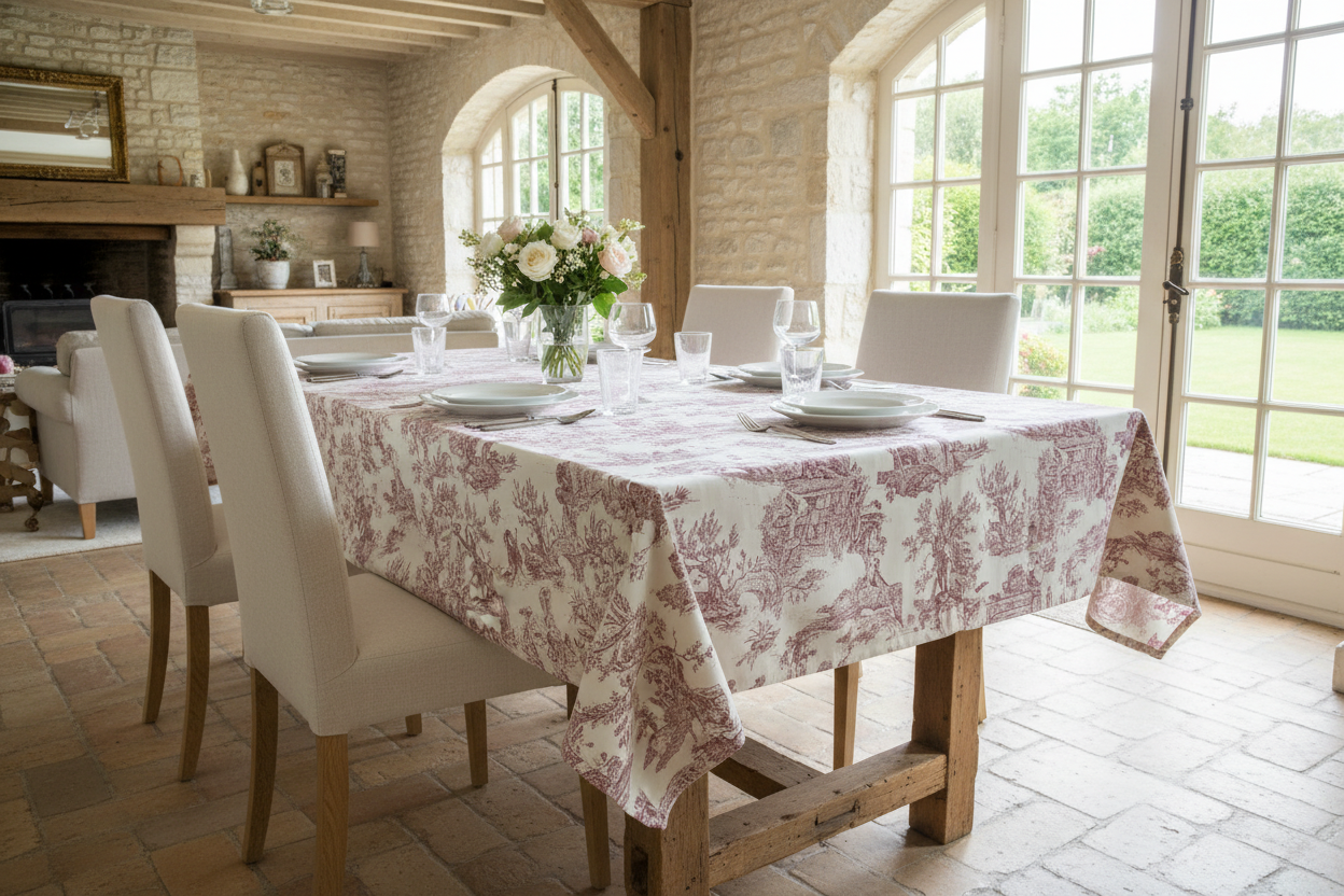 Nappe de table en Toile de Jouy rouge sur fond écru