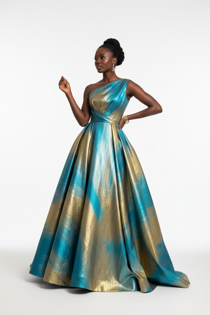 Robe cocktail en brocart interchangeant bleu turquoise et or