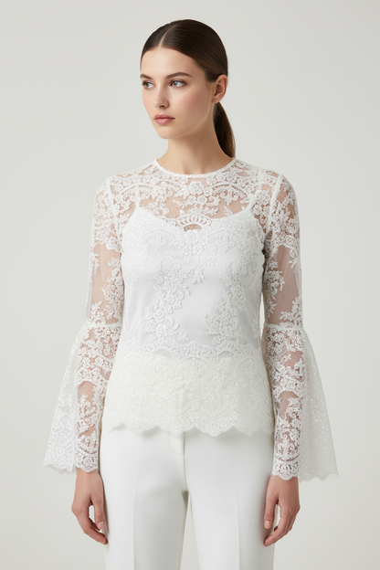 Top dentelle brodée blanche motifs floraux - tissu haute couture 150cm