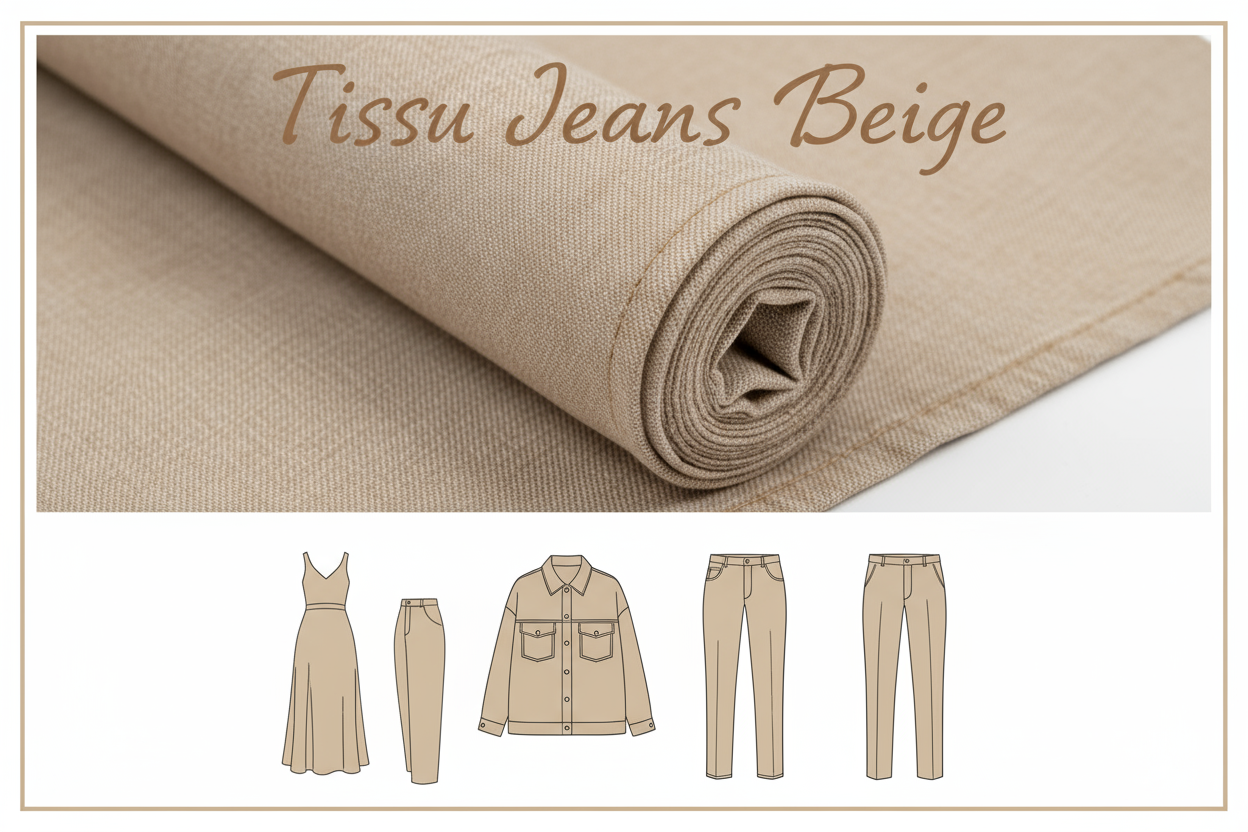 Tissu Jean Beige 150 cm au Mètre - Denim Premium Couture