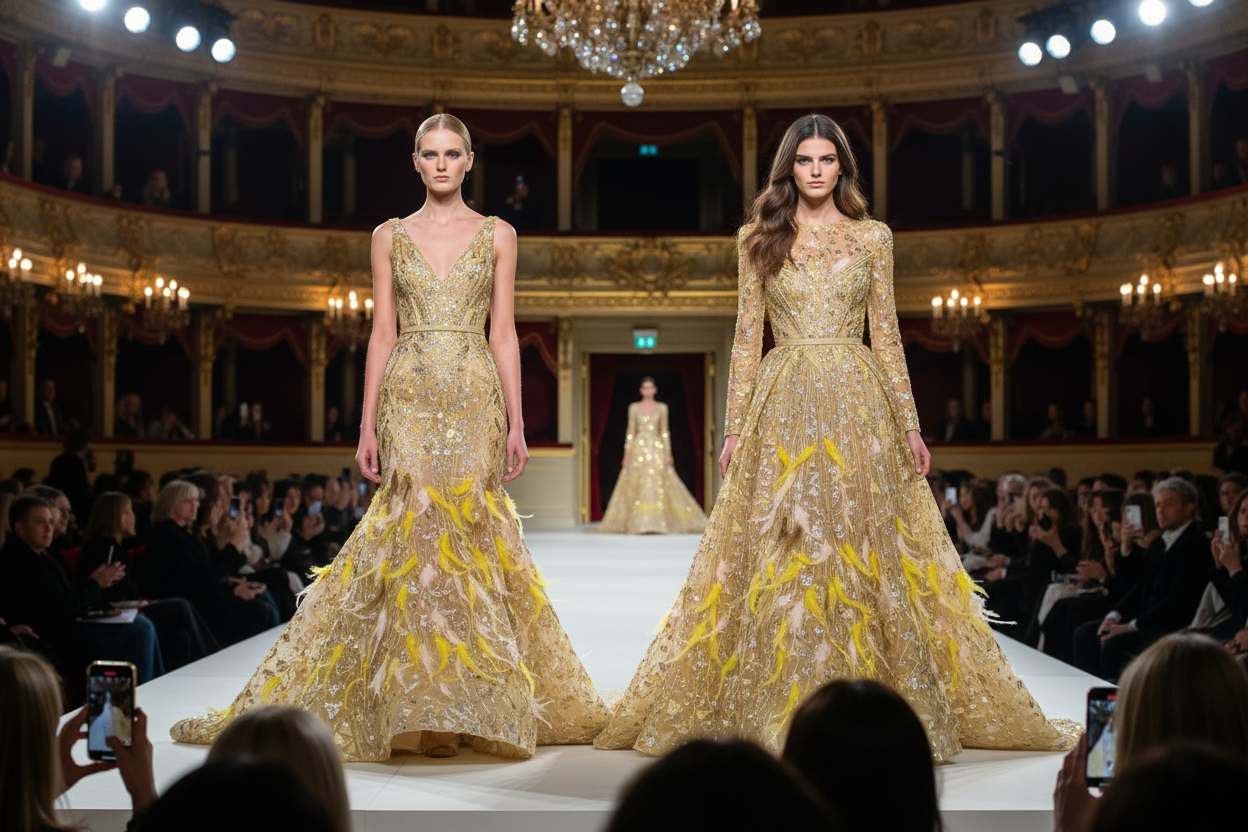 Deux mannequins en robes haute couture perlage et plumes dorées – défilé Paris