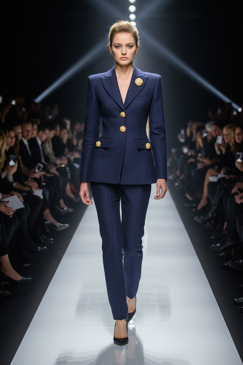 Bouton haute couture marbré or – tailleur bleu marine défilé Paris Fashion Week