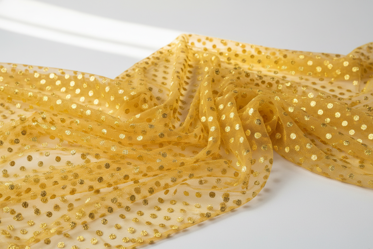 Tulle plumetis moutarde doré 145 cm avec pois brodés - Tissu délicat premium