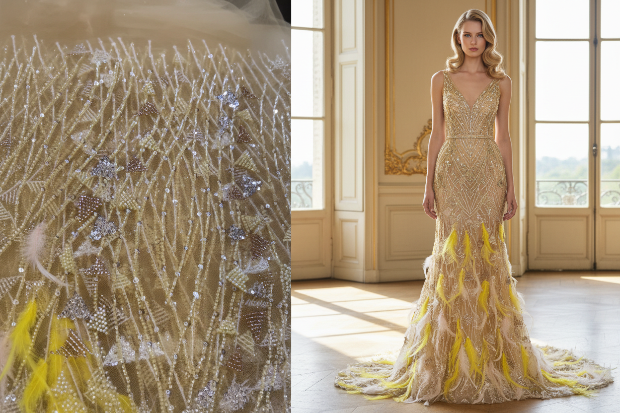 Coupon tissu haute couture perlage et plumes doré à côté d'une robe de soirée confectionnée – composition éditoriale