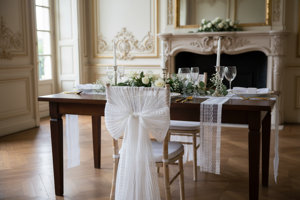 Décoration de table mariage avec bande plissée organza blanc 6 cm — Wedding table decoration with 6 cm white pleated organza trim