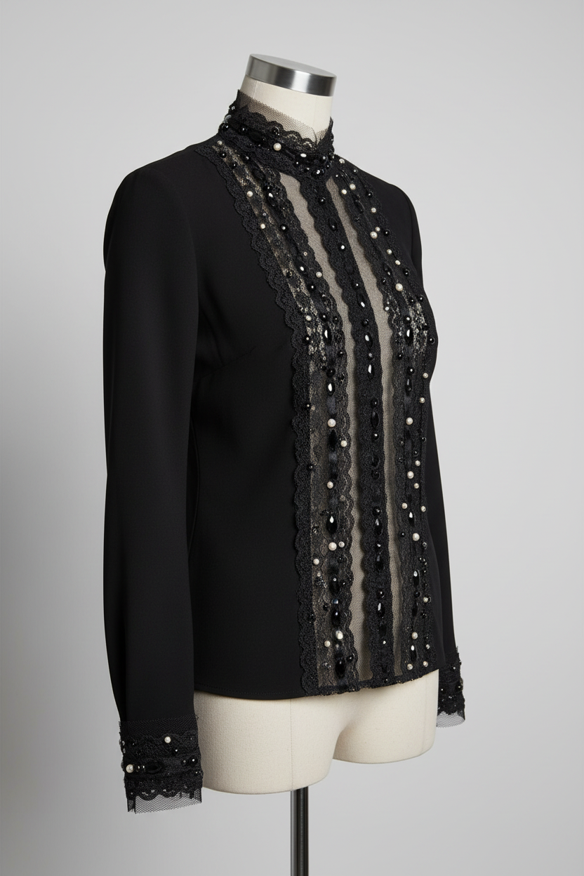 Top avec dentelle perlé noir sur tulle - détail luxueux