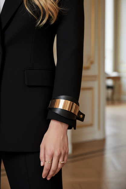 Ornement métallique doré sur manche de blazer - Détail luxueux