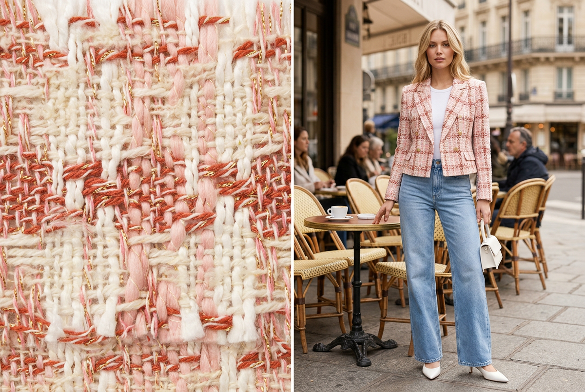 Tweed rose et inspiration de veste croisée avec jean au café, visuel IA. / Pink tweed and double-breasted jacket inspiration with jeans at a café, AI-generated.