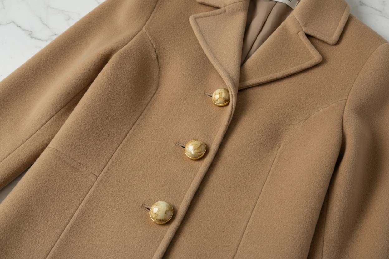 Bouton haute couture marbré or – flat lay manteau camel