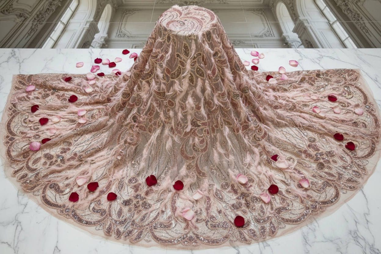 Coupon 3,5 m tissu haute couture plumes rosées et perlage doré – flat lay marbre