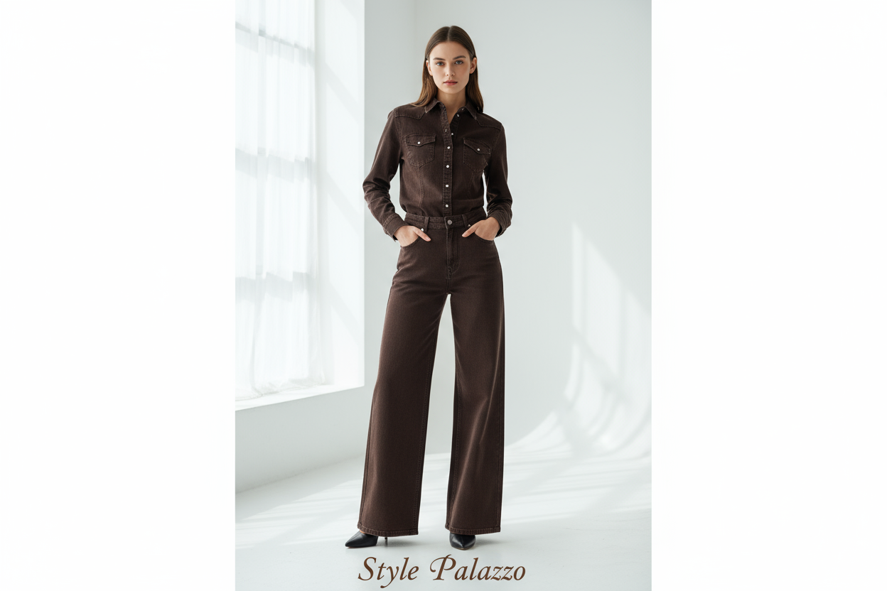 Style Palazzo - Pantalon large élégant en jean marron foncé