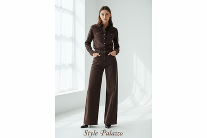 Style Palazzo - Pantalon large élégant en jean marron foncé