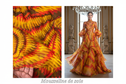 Mousseline de soie imprimée motif flammes jaune orange rouge au mètre - Silk chiffon fabric with flame print yellow orange red per meter