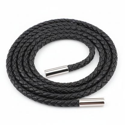 Cordon cuir ciré tressé noir 140cm diamètre 10mm avec embouts argentés - Bijouterie premium