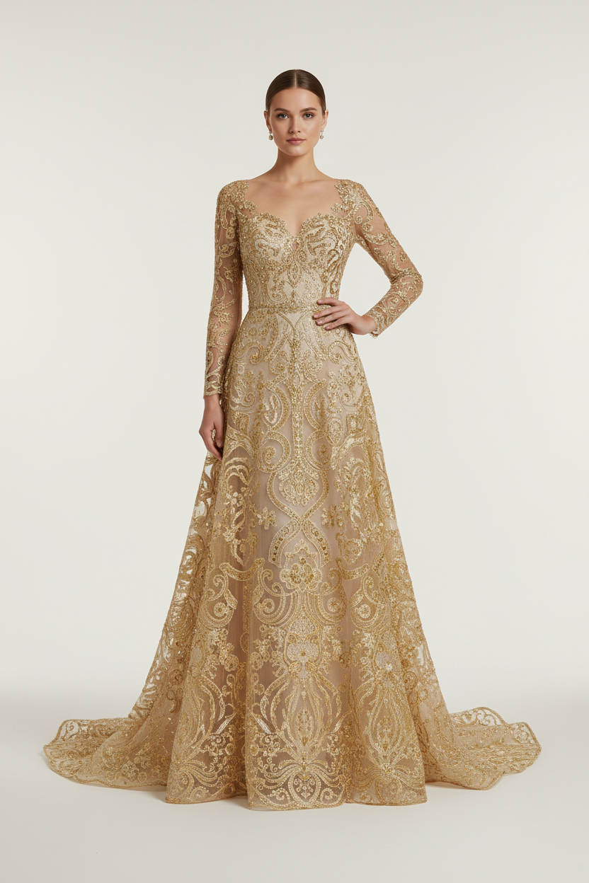Robe de soirée en dentelle brodée dorée or - création haute couture glamour
