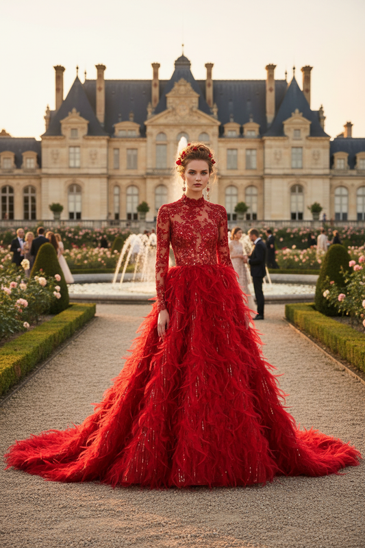 Robe rouge dentelle plumes sequins jardin château - Red lace feather sequin gown French château garden
