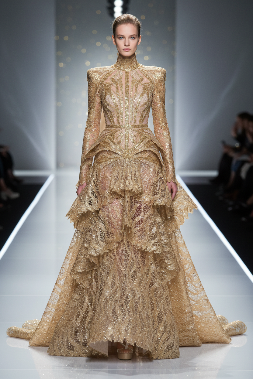Robe haute couture en dentelle guipure paillettes dorées