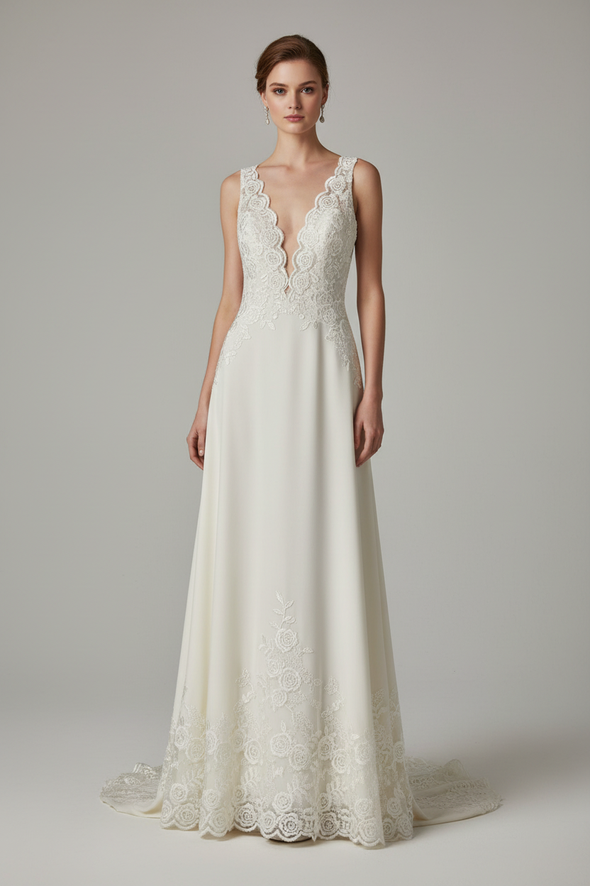 Robe élégante avec dentelle brodée crème 8cm - finition haute couture