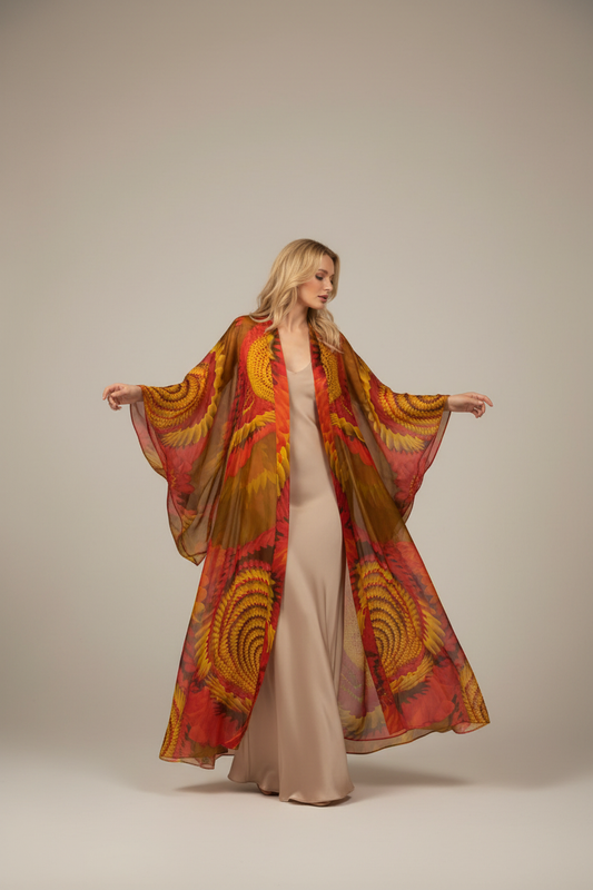 Kimono long en mousseline de soie flamme