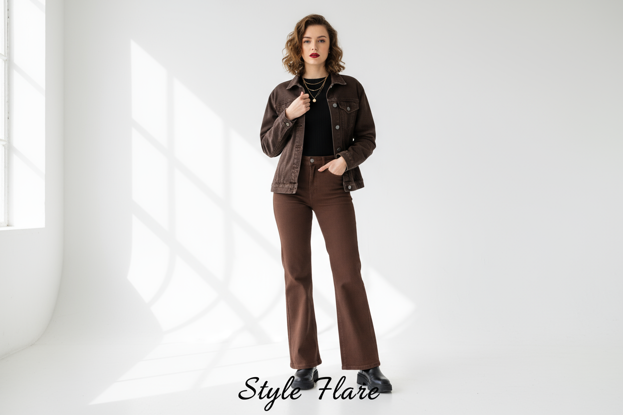 Style Flare - Pantalon évasé en jean marron foncé