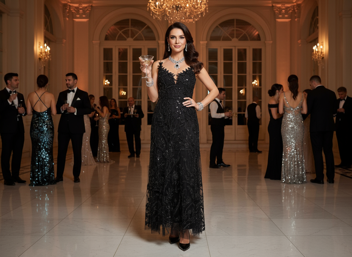 Robe cocktail tulle perlé noir - Evening dress