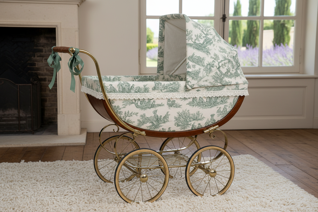 Landeau vintage bébé en Toile de Jouy verte