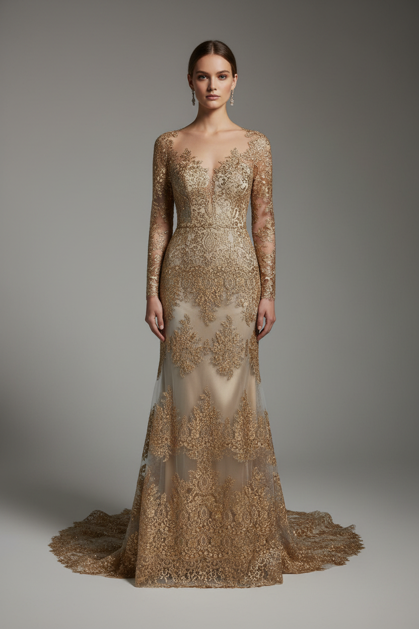 Robe de soirée en dentelle brodée dorée or sur tulle - création haute couture glamour
