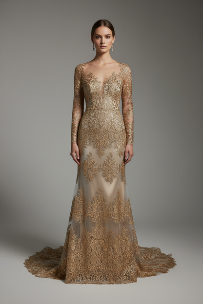 Robe de soirée en dentelle brodée dorée or sur tulle - création haute couture glamour