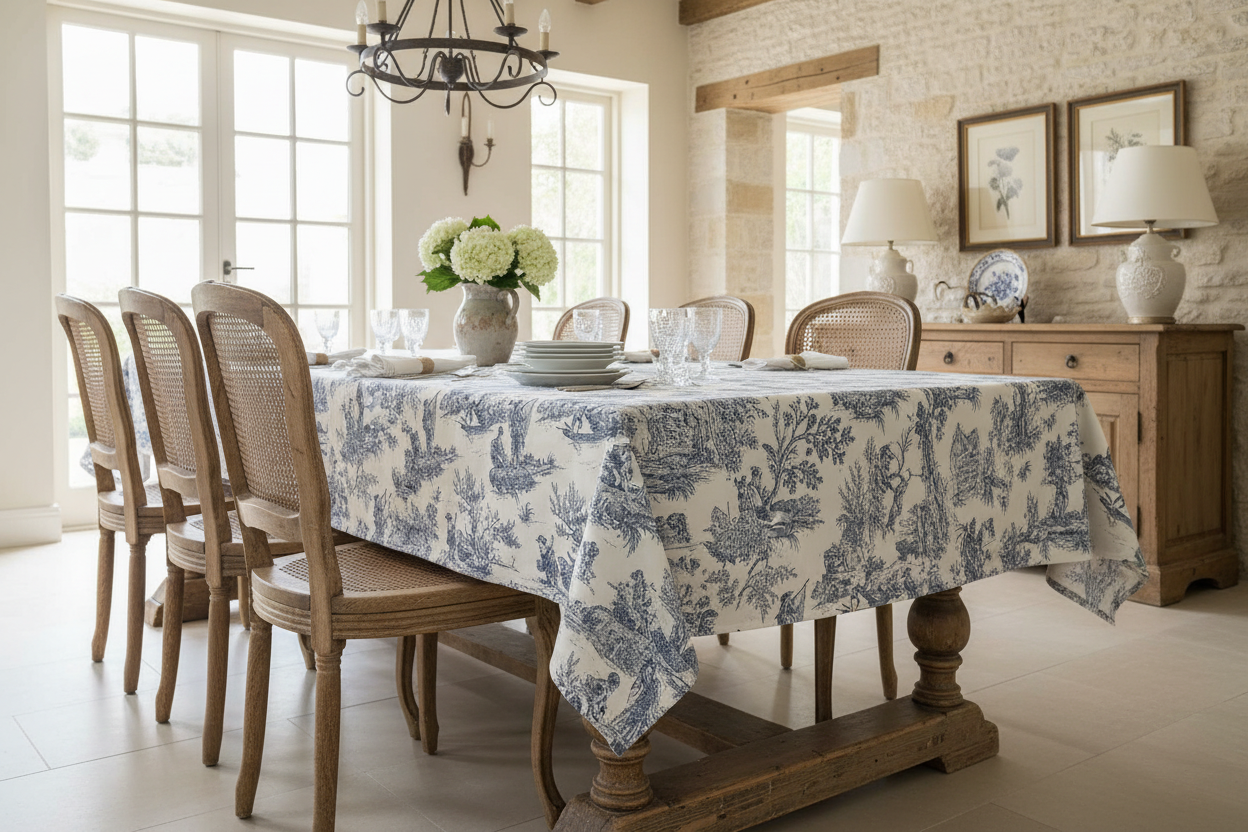 Nappe de table en Toile de Jouy bleue