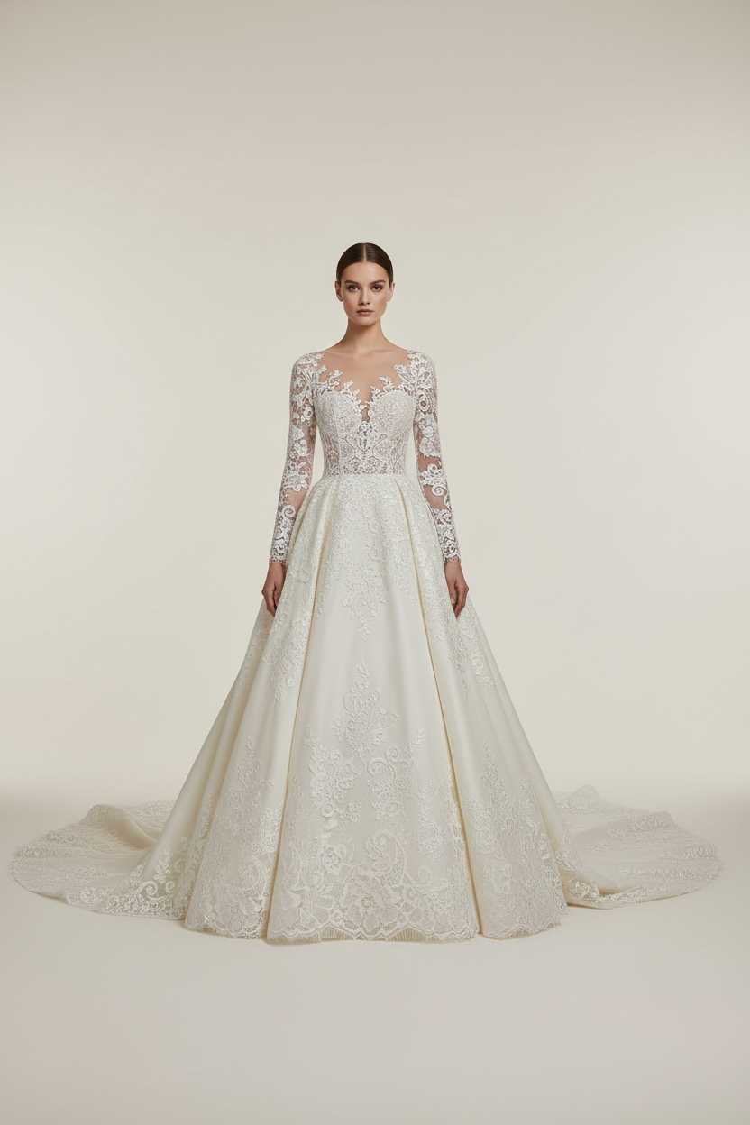 Robe de mariée en dentelle Chantilly ivoire - haute couture élégante