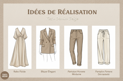 Tissu Jean Beige 150 cm au Mètre - Denim Premium Couture