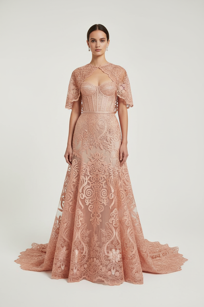 Robe en dentelle brodée saumon - cérémonie élégante