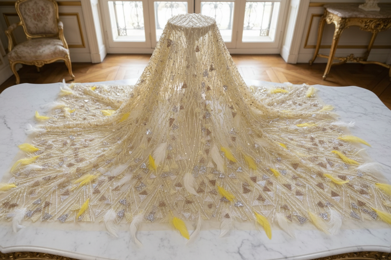 Coupon 3,5 m tissu haute couture perlage et plumes doré – présentation éditoriale flat lay marbre