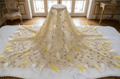 Coupon 3,5 m tissu haute couture perlage et plumes doré – présentation éditoriale flat lay marbre