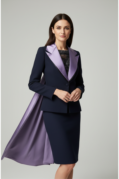 Col châle satin violet parme sur tailleur bleu marine - style haute couture