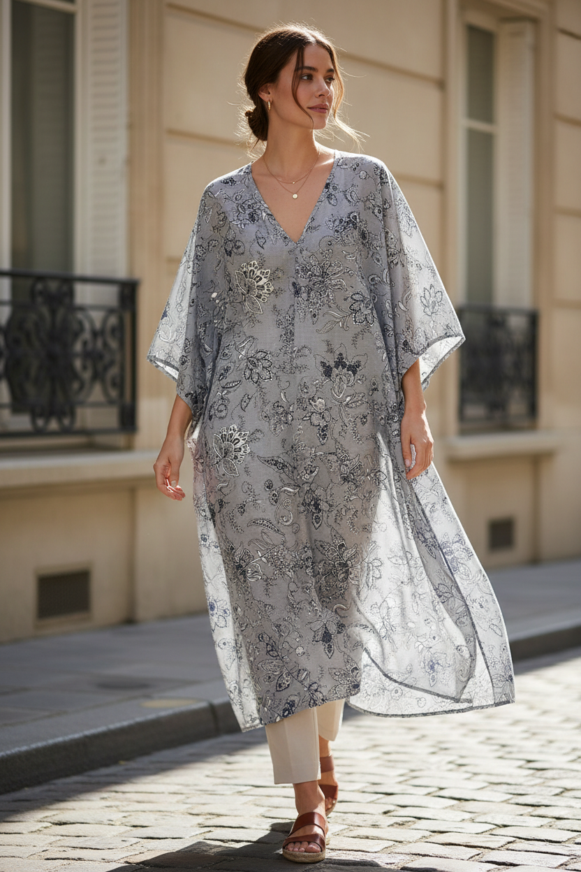 Chemisier en tissu coton imprimé jeans fleurs gris marine — Blouse made of grey navy floral denim-print cotton fabric