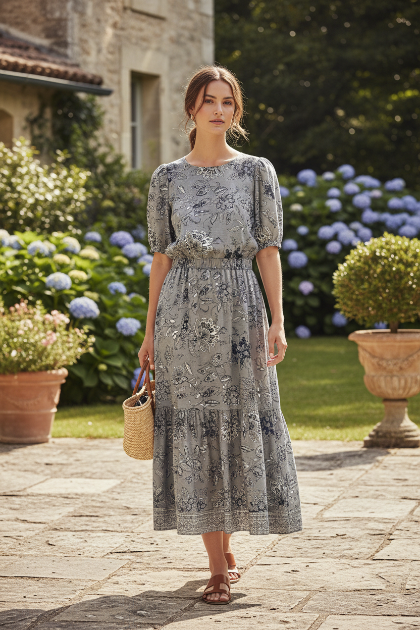 Robe d'été en tissu coton imprimé jeans fleurs gris marine — Summer dress made of grey navy floral denim-print cotton fabric