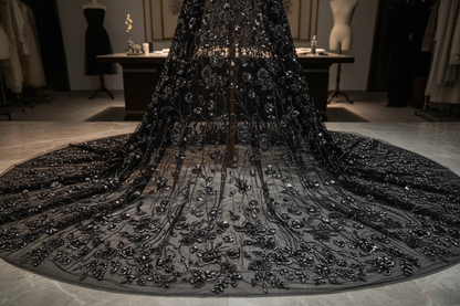 Tulle perlé noir 145 cm broderie perles florales - Tissu haute couture premium