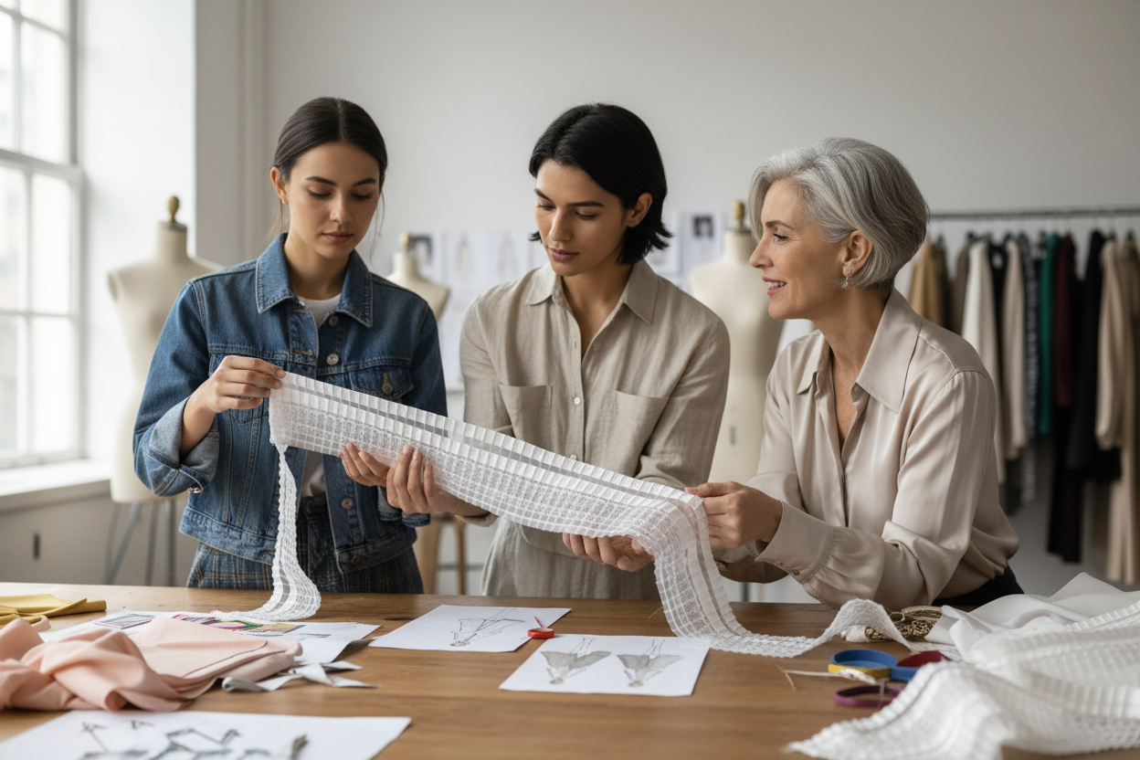 Étudiantes en mode et créateur examinant le ruban plissé organza blanc dentelle 6 cm en atelier — Fashion students and designer examining white pleated organza lace trim in atelier
