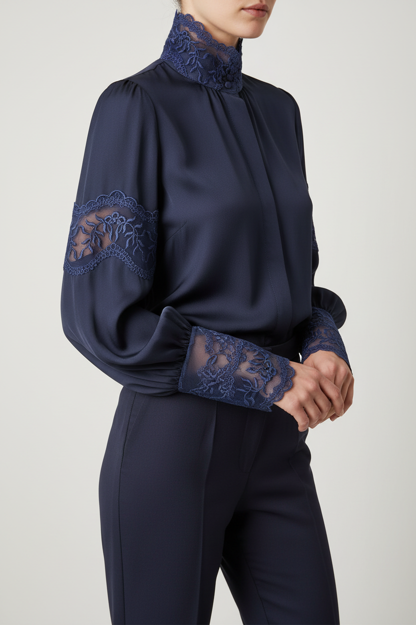 Top avec dentelle brodée indigo sur tulle 16cm - galon élégant