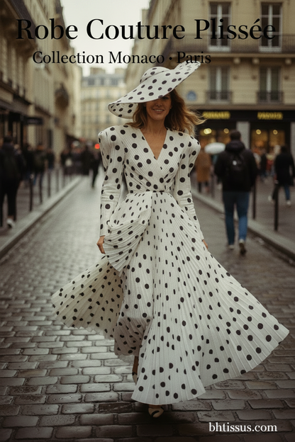 Robe couture plissée pois Paris Marais – Polka dot pleated couture dress Paris editorial
