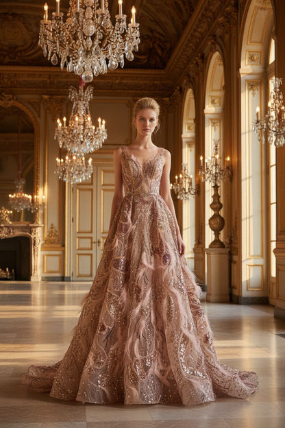 Mannequin blonde en robe haute couture plumes rosées et perlage doré – château français
