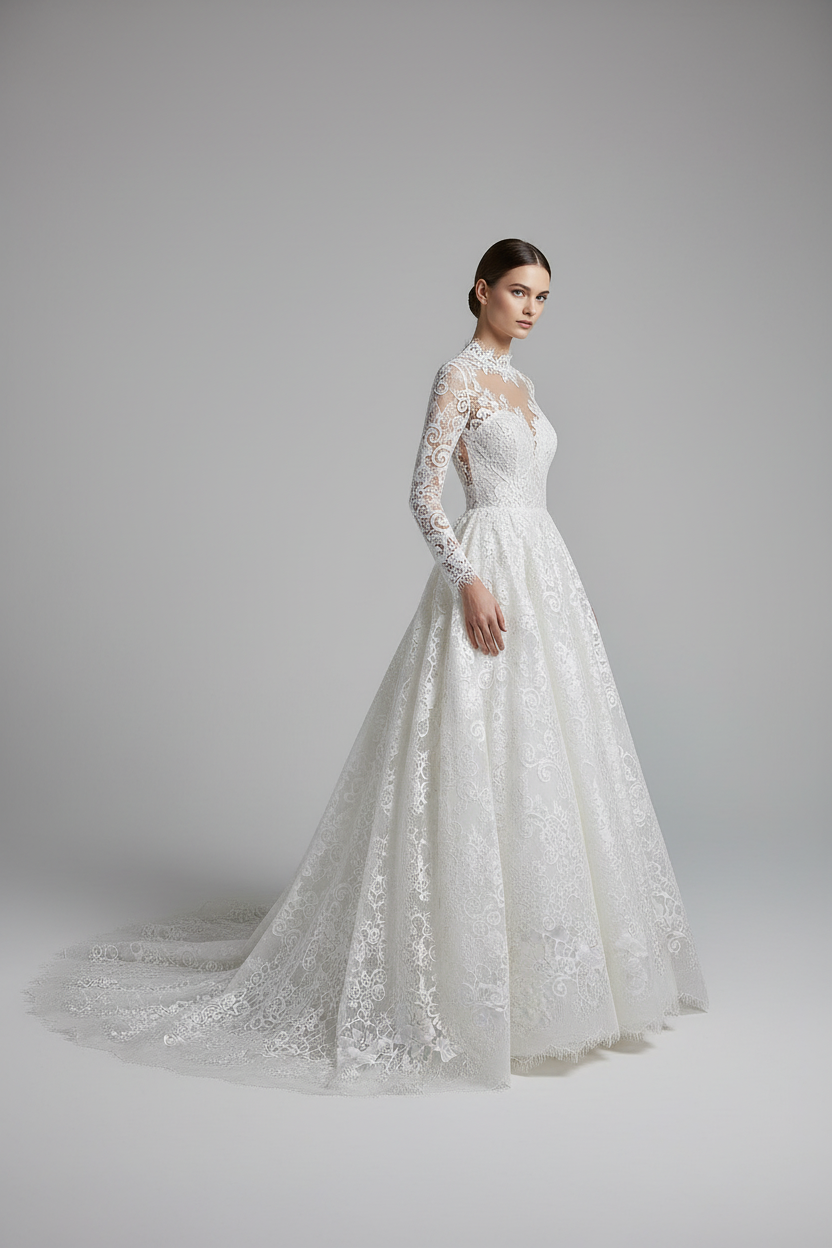 Robe de mariée en dentelle Chantilly blanche - haute couture élégante
